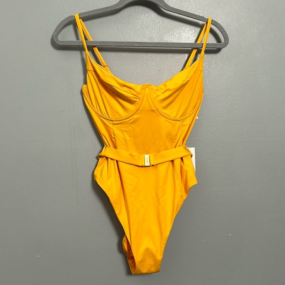Onia x weworewhat Danielle yellow solid citrus belted swim suit size XL - Picture 5 of 16